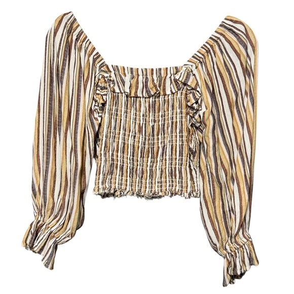 Angie Striped Smocked Peasant Style Cropped Off Shoulder Boho Festival Blouse - Picture 1 of 8